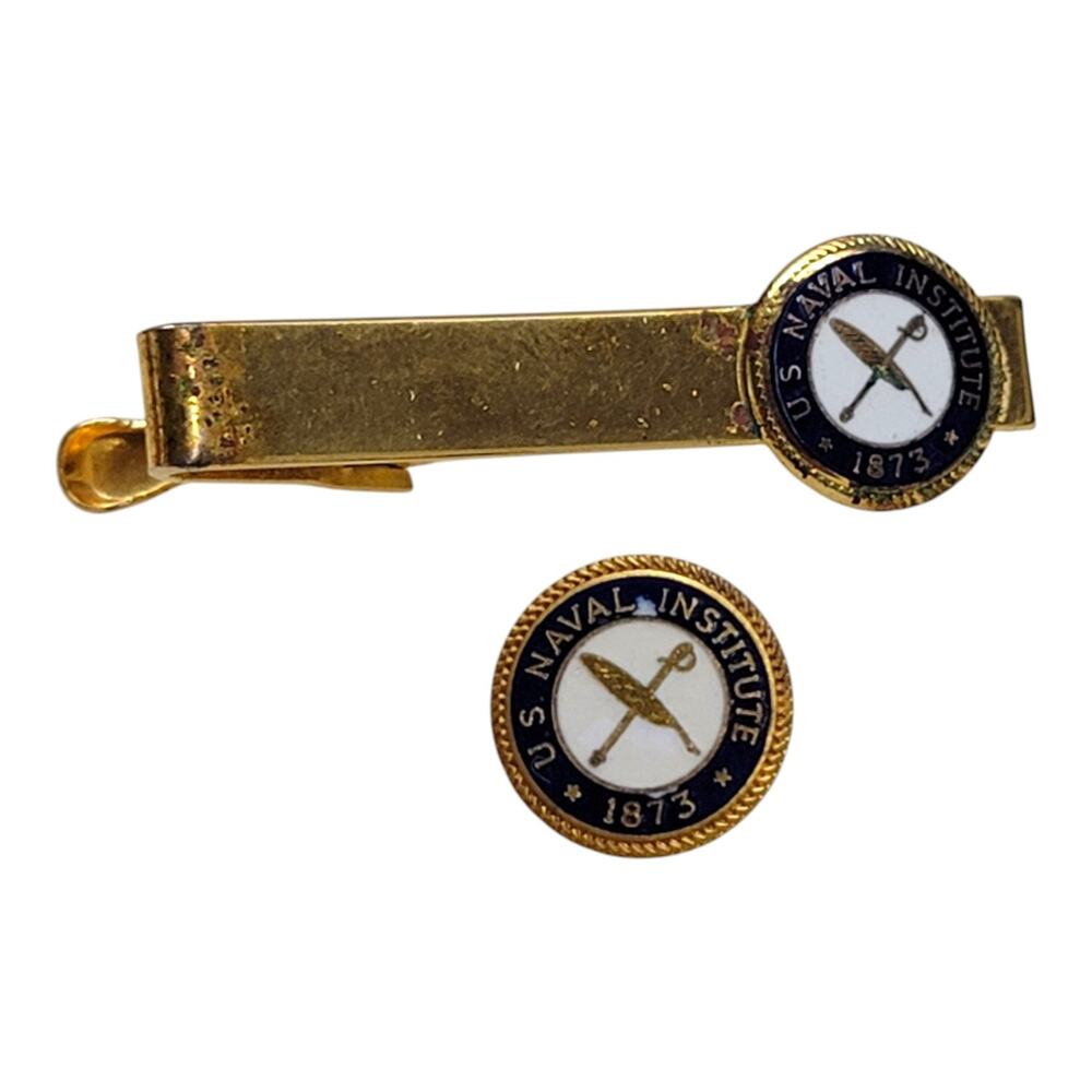Vintage US Naval Institute 1873 1/20 10K GF Tie Clip Bar & Lapel Pin 2pc Set